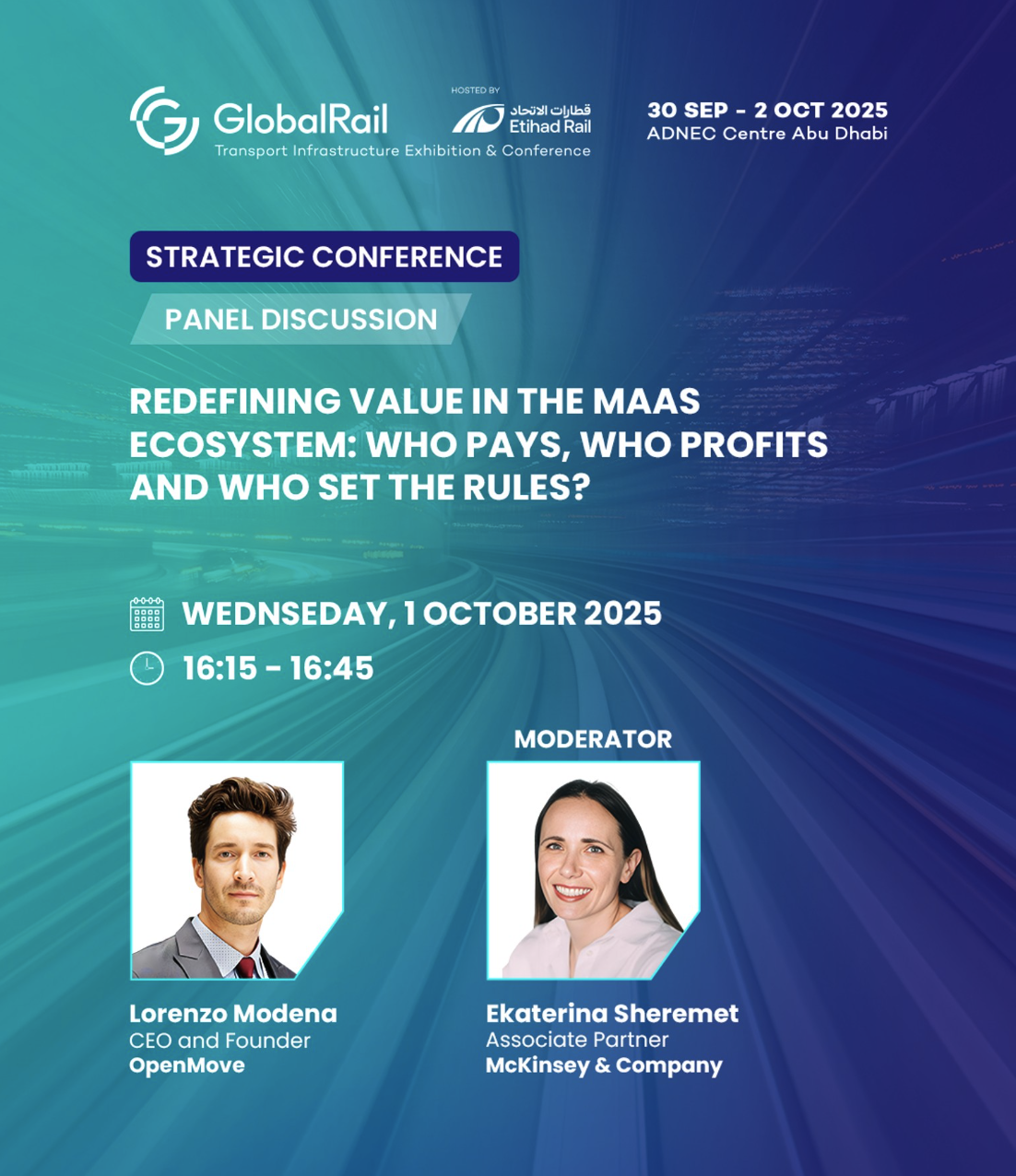 Annuncio panel per la conferenza GlobalRail 2025 ad Abu Dhabi, evidenziando una discussione sulla ridefinizione del valore nell'ecosistema MaaS.